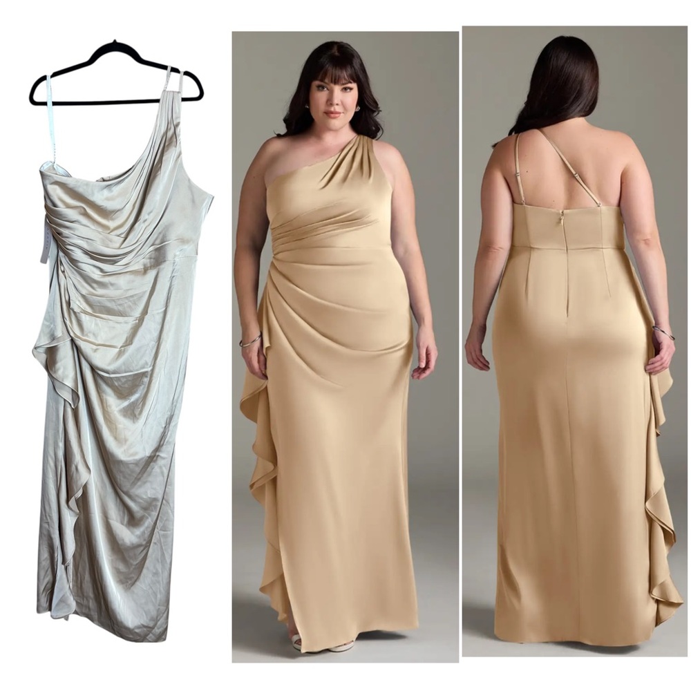 Azazie Champagne Latrice One Shoulder Satin Ruffle Slit Satin Formal Gown 22 NWT